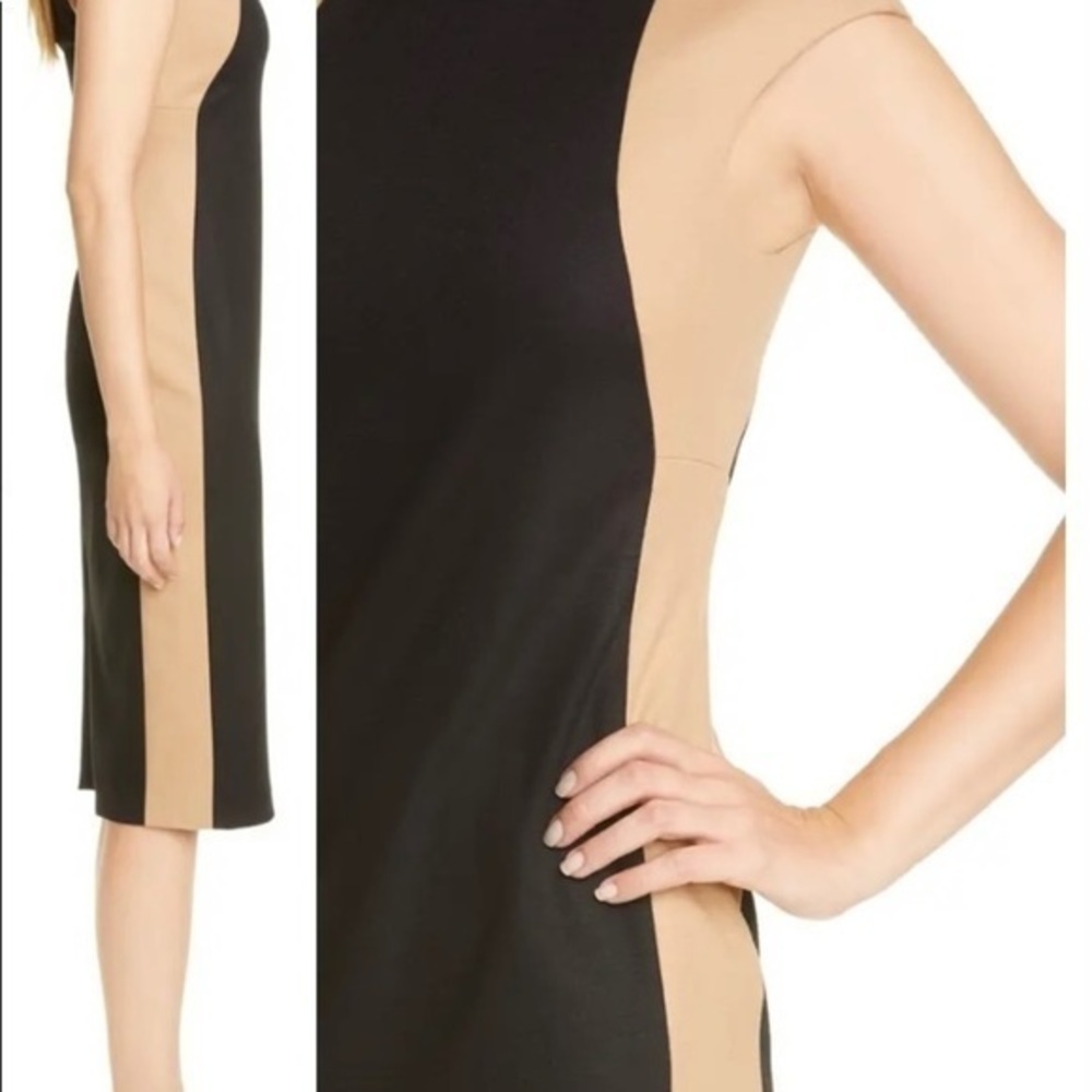 JUDITH & CHARLES COLOR-BLOCK MOCK NECK SLEEVELESS SHEATH DRESS